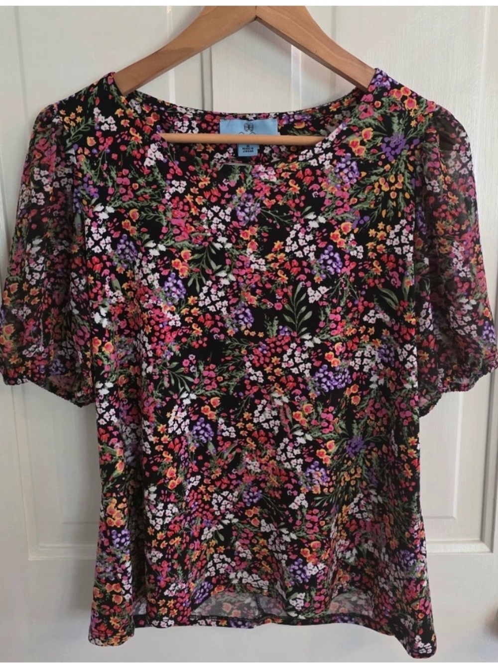 CeCe Black Floral Short Sleeve Blouse